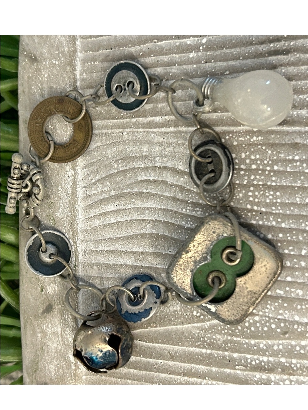 mixed-Metal Charm Bracelet with lightbulb & button style discs handmade